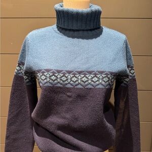 Eddie Bauer 100% Wool Blue Turtleneck Sweater with Nordic Pattern